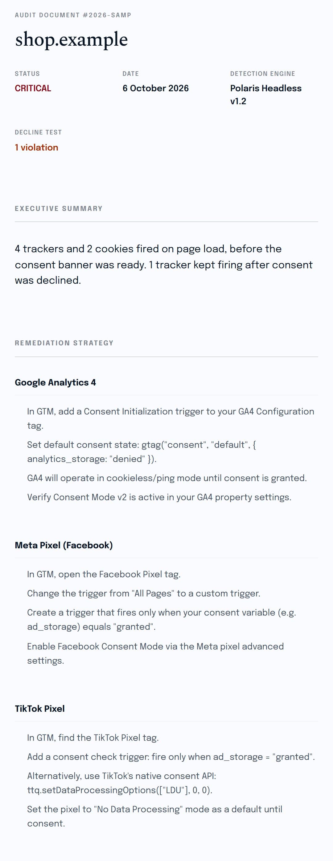Sample Polaris audit report for a fictional site, showing critical status, an executive summary, and step-by-step GTM fixes for GA4, Meta Pixel and TikTok Pixel.